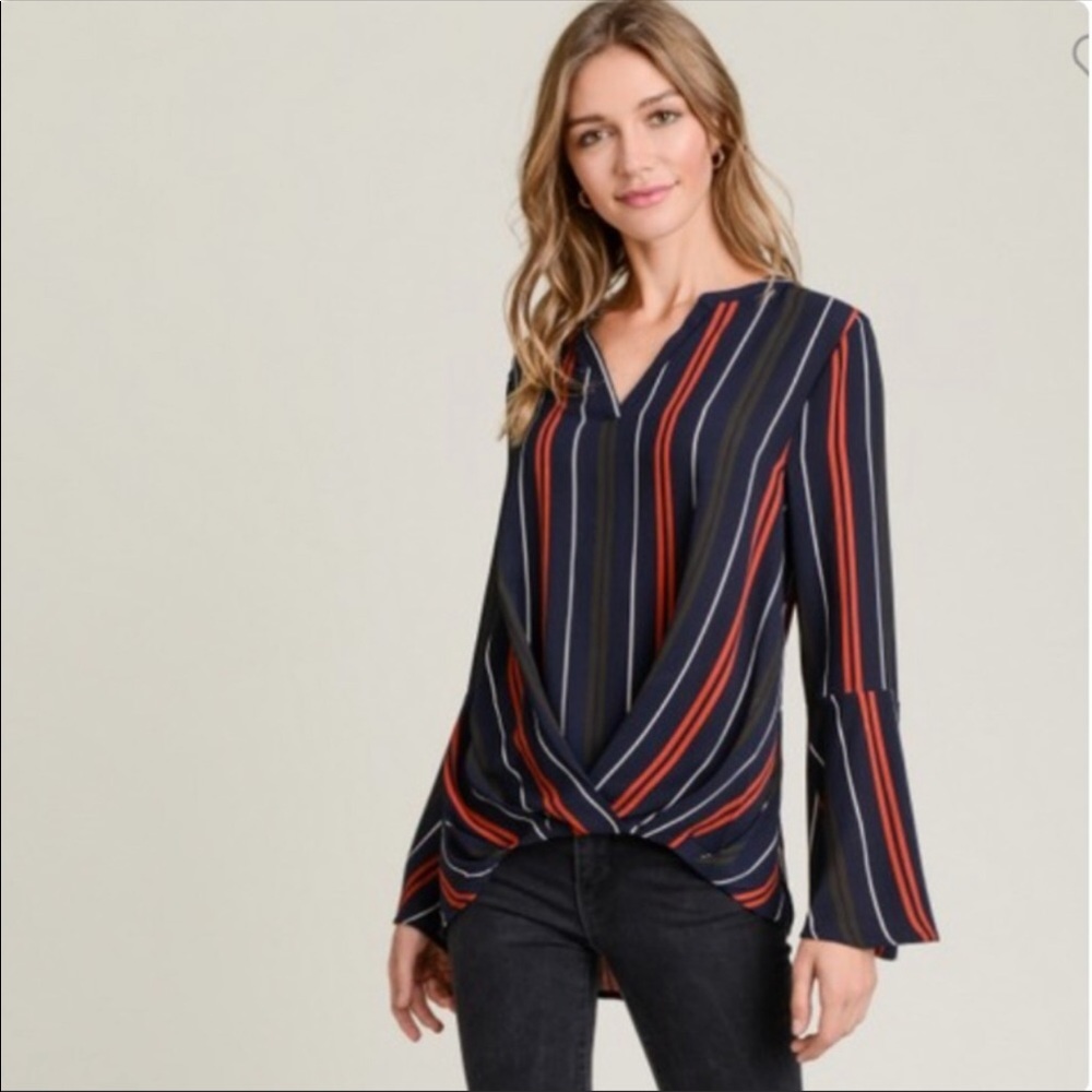JODIFL BELL SLEEVE STRIPED TOP HIGH LOW HEM BLUE RED WHITE SIZE LARGE NEW - Picture 1 of 15